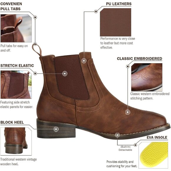 ⚡Men\'s Brown Faux Leather Western Square Toe Comfort Ankle Chelsea Boots